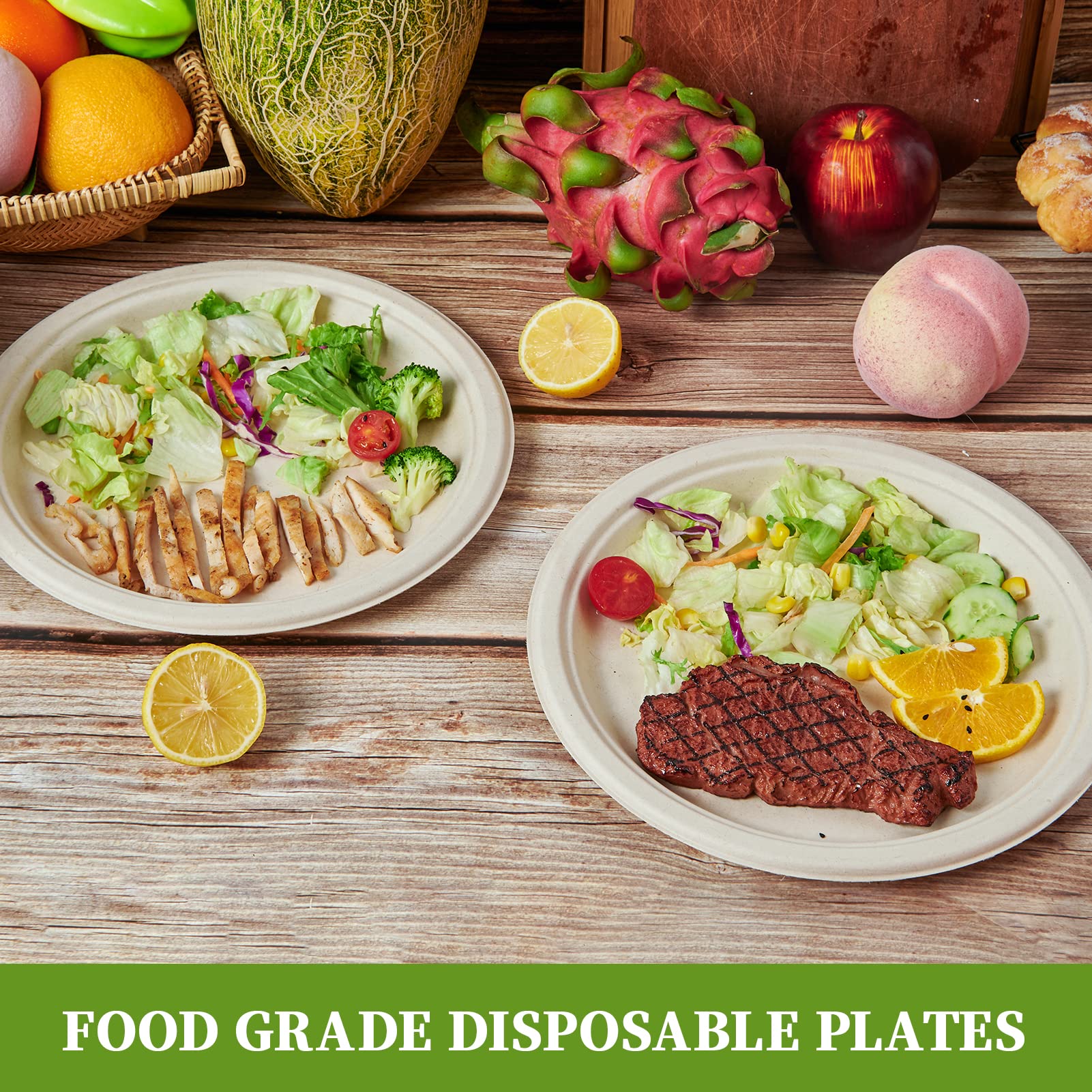Two food-grade disposable plates showcase grilled chicken and steak with fresh salads, surrounded by colorful fruits.