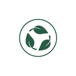 Green circular logo with three stylized leaves, symbolizing environmental sustainability and eco-friendliness.