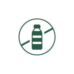 A simple green icon of a water bottle crossed out, indicating no plastic bottles allowed.