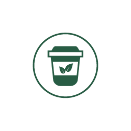 Green icon of a takeout cup with a leaf design, representing eco-friendly beverages or sustainable practices.