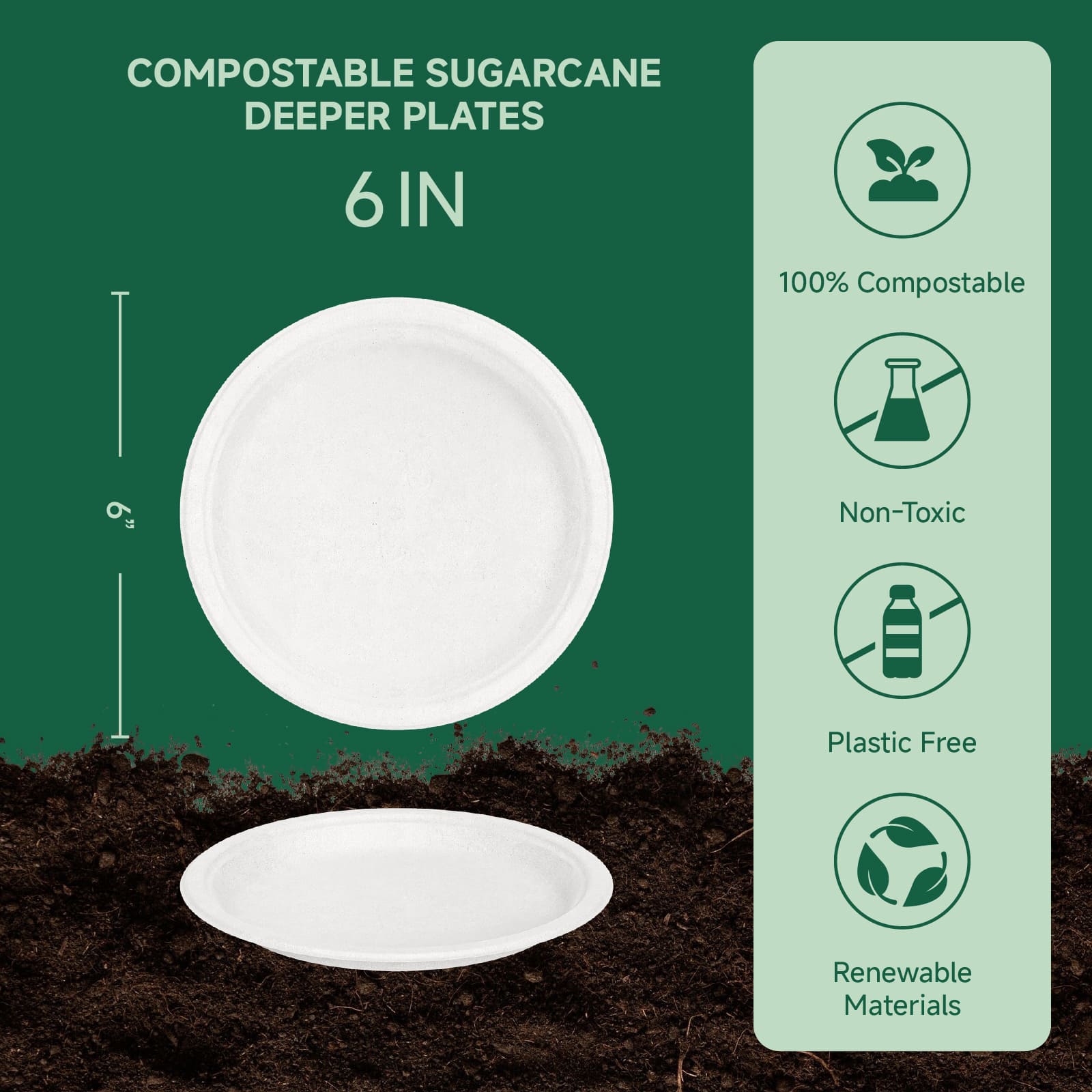 White compostable sugarcane deeper plate, 6 inches, with icons indicating it's plastic-free, non-toxic, and made from renewable materials.