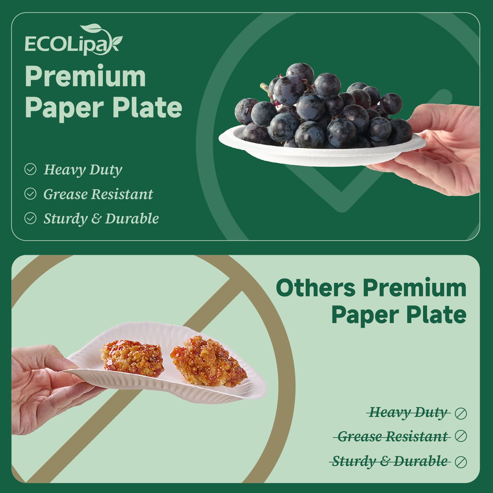 Side-by-side comparison of two paper plates: ECOLipa's heavy-duty plate with grapes vs. a lesser quality plate with food, highlighting performance differences.