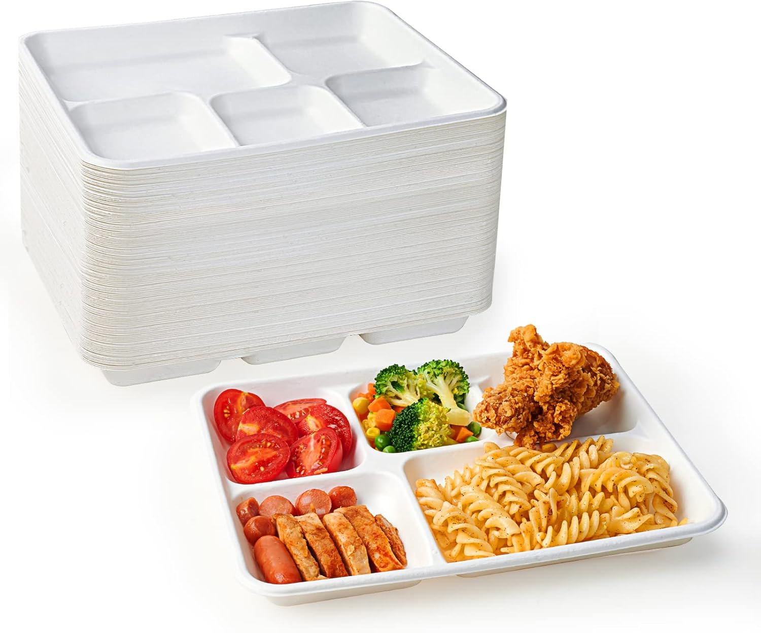 A stack of white ecolipak compartment trays beside a filled tray with tomatoes, vegetables, pasta, chicken, and sliced meats in separate sections.