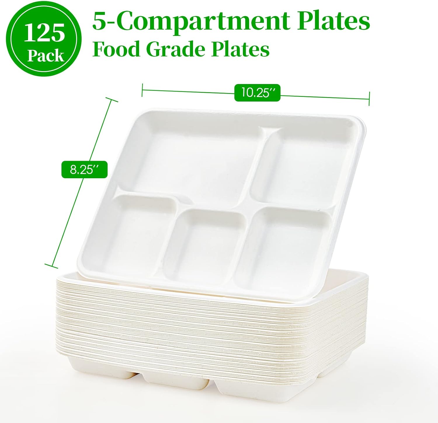 A stack of 125 food-grade, ecolipak 5-compartment plates, showcasing their dimensions: 10.25” width and 8.25” height.