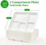 A stack of 125 food-grade, ecolipak 5-compartment plates, showcasing their dimensions: 10.25” width and 8.25” height.