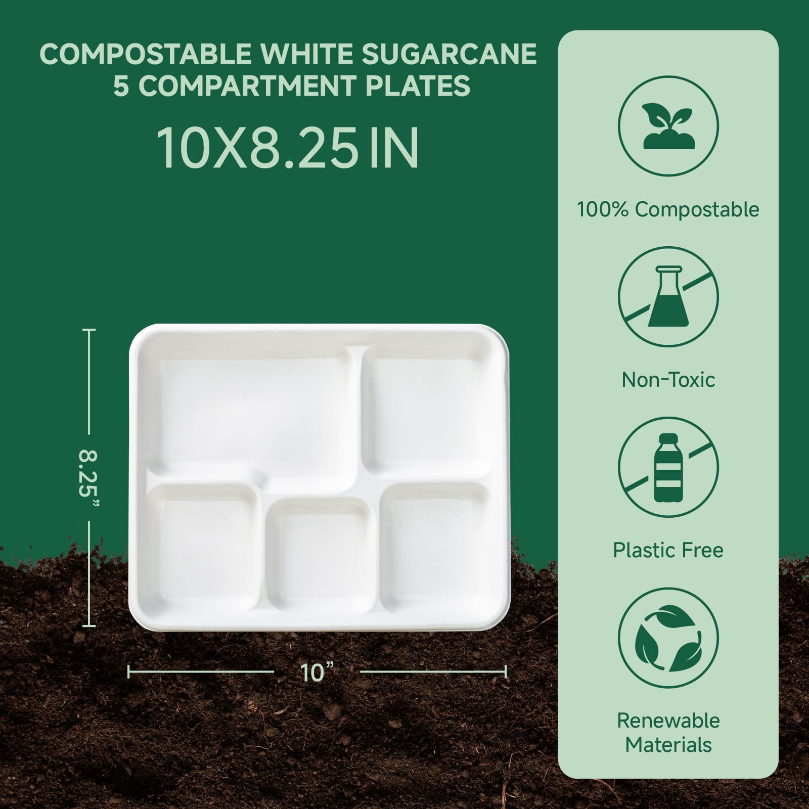 Five-compartment, compostable sugarcane plate measuring 10x8.25 inches, plastic-free and non-toxic, resting on soil backdrop.