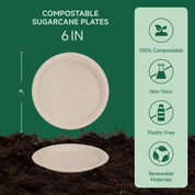 6-inch compostable sugarcane plates, eco-friendly, non-toxic, plastic-free, 100% biodegradable dining solution.