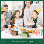 Children celebrating with cake and snacks on compostable sugarcane plates at a festive gathering.