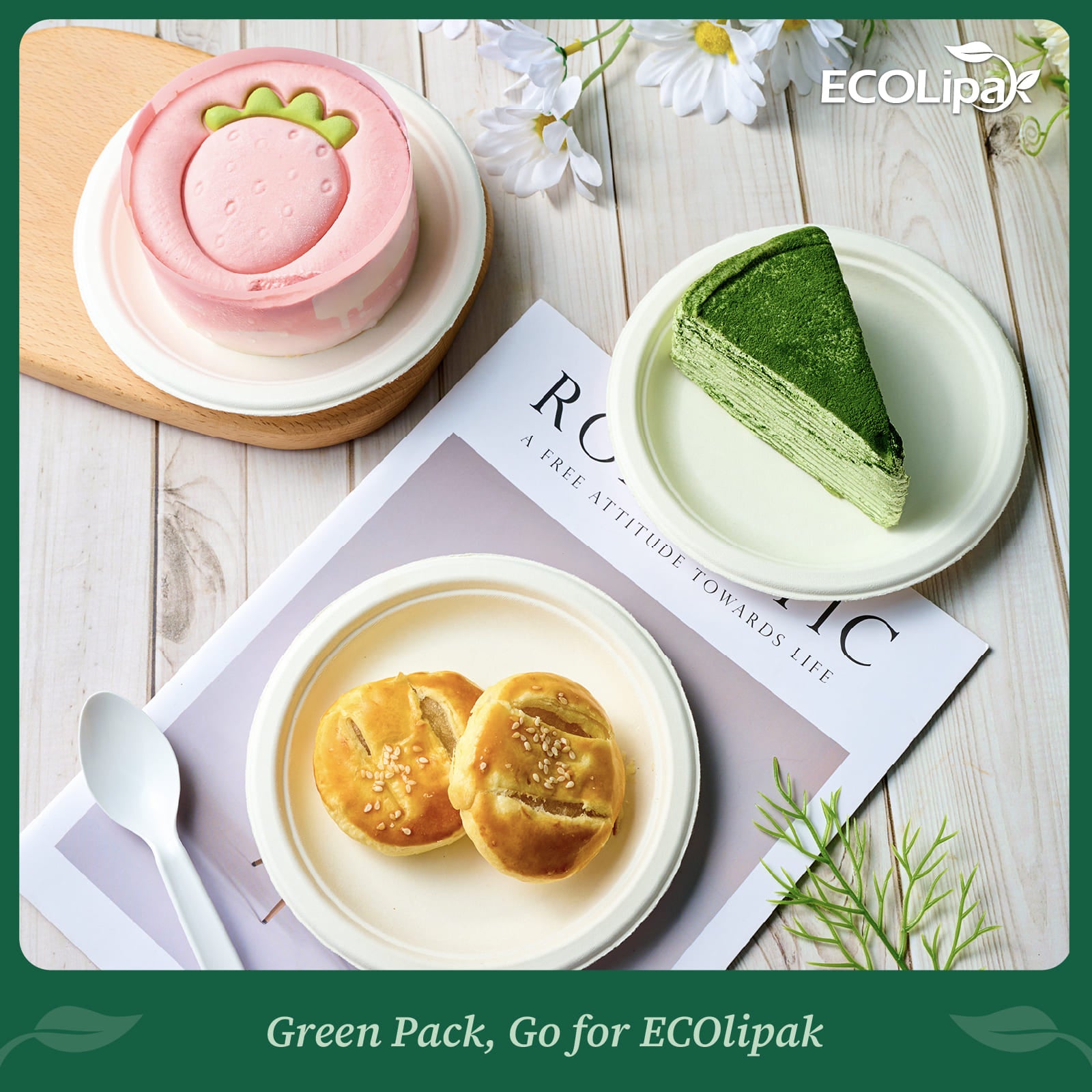 Assorted desserts served on compostable sugarcane plates, showcasing eco-friendly dining options.