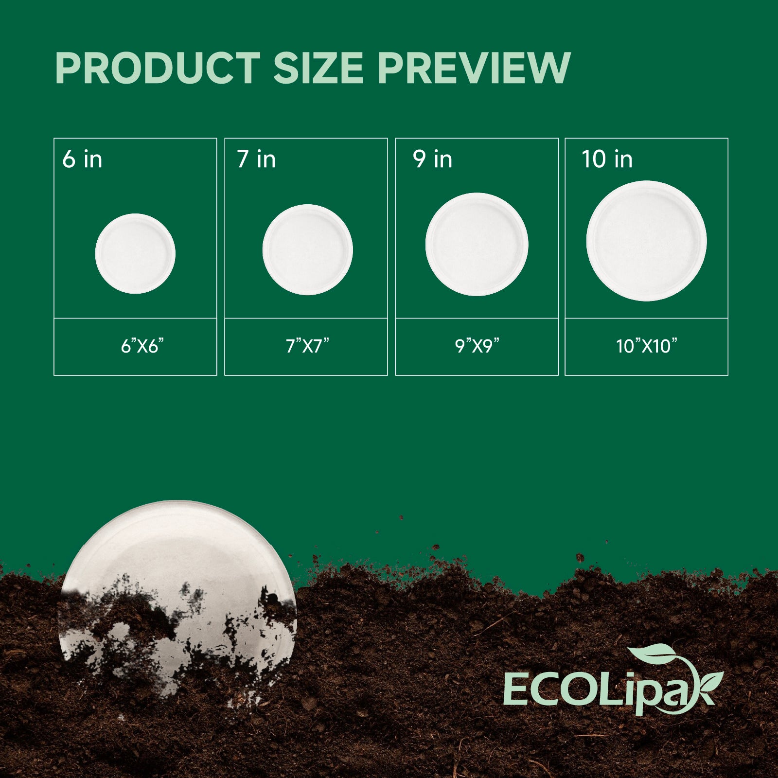 Product size preview for compostable sugarcane plates in 6, 7, 9, and 10 inches on green background.