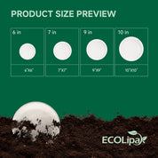Product size preview for compostable sugarcane plates in 6, 7, 9, and 10 inches on green background.