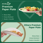 Comparison of ECOLipa Premium Paper Plate highlighting its heavy-duty, grease-resistant qualities against a standard paper plate.