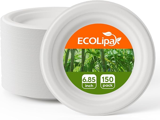 A stack of white, eco-friendly plates labeled ECOLipa, measuring 6.85 inches, in a 150-pack.