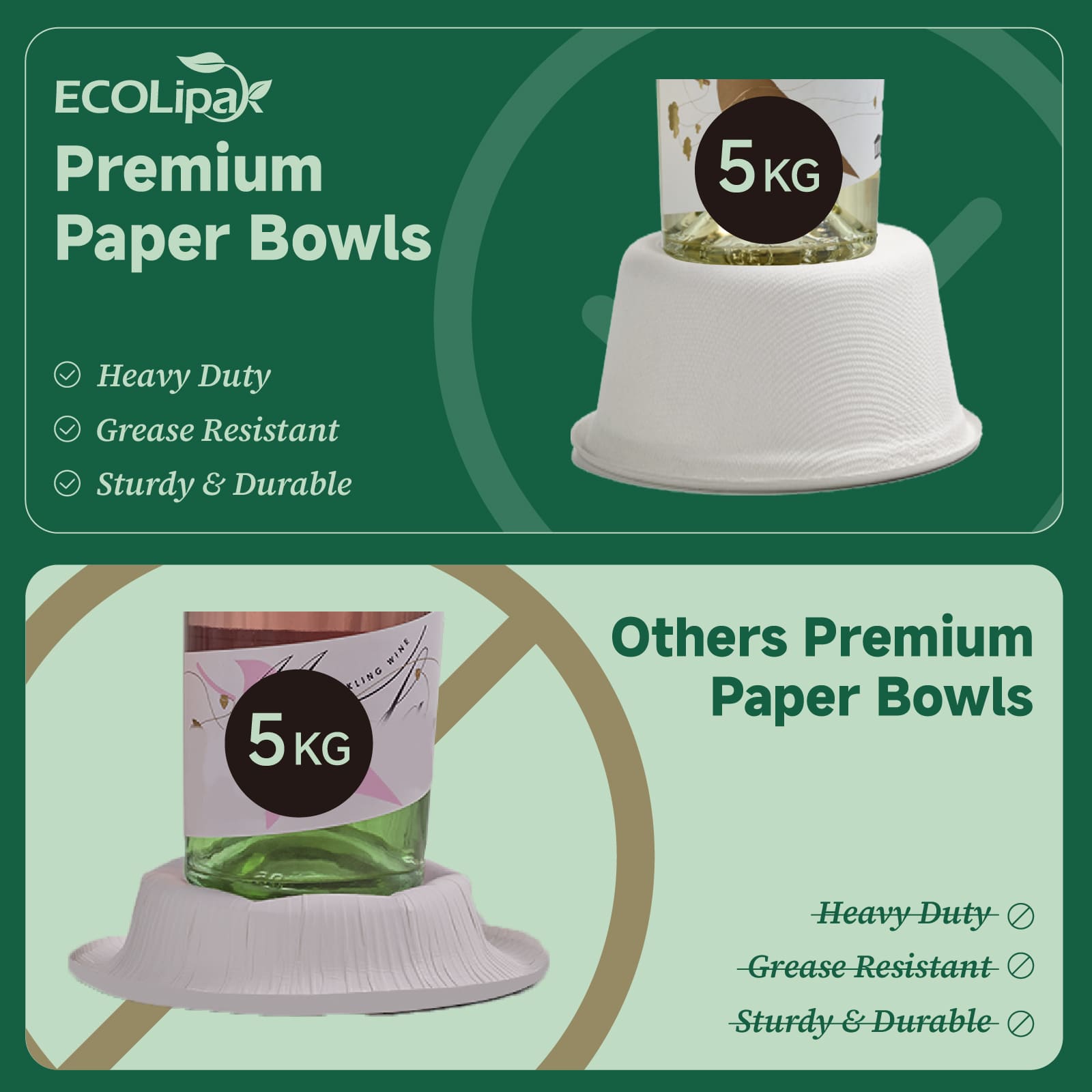 Image comparing ECOLipa premium paper bowls with others, highlighting ECOLipa's heavy-duty, grease-resistant, and durable features.