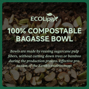 Green and earthy image promoting ECOLipa's 100% compostable bagasse bowls, made from reused sugarcane pulp to protect the environment.
