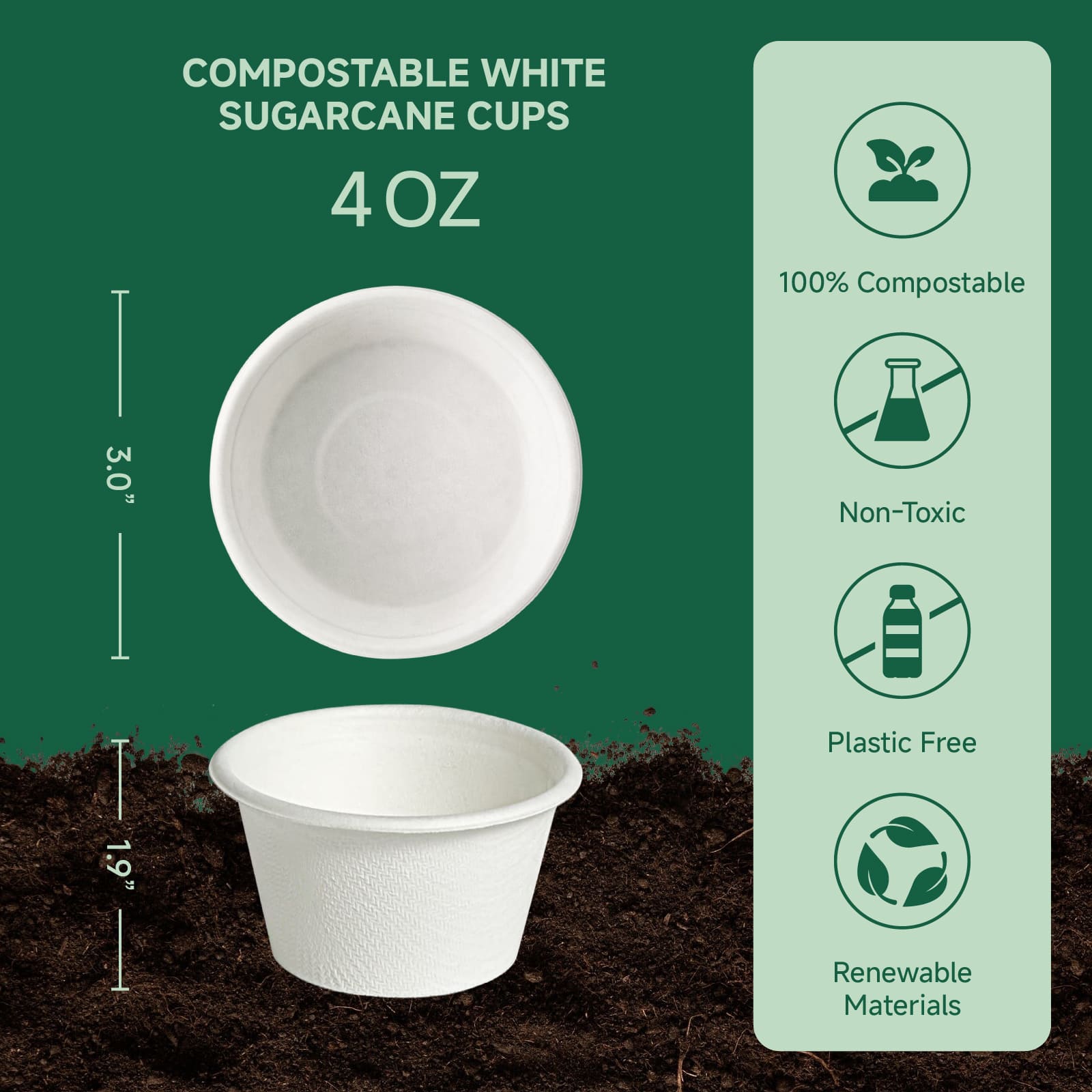 Image of 4 oz compostable sugarcane cups on a green background, highlighting their eco-friendly features: compostable, non-toxic, and plastic-free.