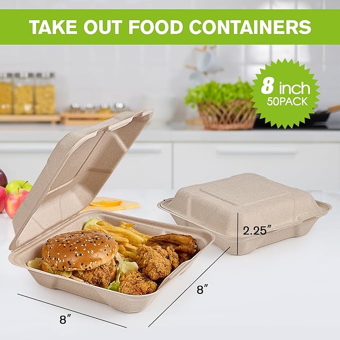 Open takeout food container revealing a burger, fried chicken, and fries; shown in a kitchen setting with a second container beside it.