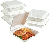 ECOLipak's stack of white disposable food containers, perfect for holding a meal of burger, fries, and chicken.