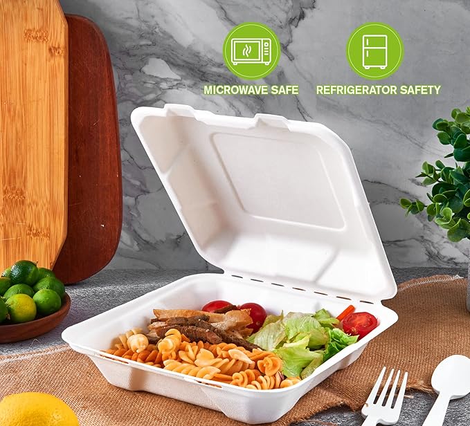 ECOLipak disposable food container, safe for microwave and refrigerator use, holding a meal of pasta, salad, and more.