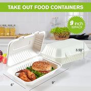 ECOLipak 9 - inch, 50 - pack take - out food containers, perfect for holding a burger and chicken wings.