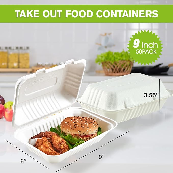 ECOLipak 9 - inch, 50 - pack take - out food containers, perfect for holding a burger and chicken wings.