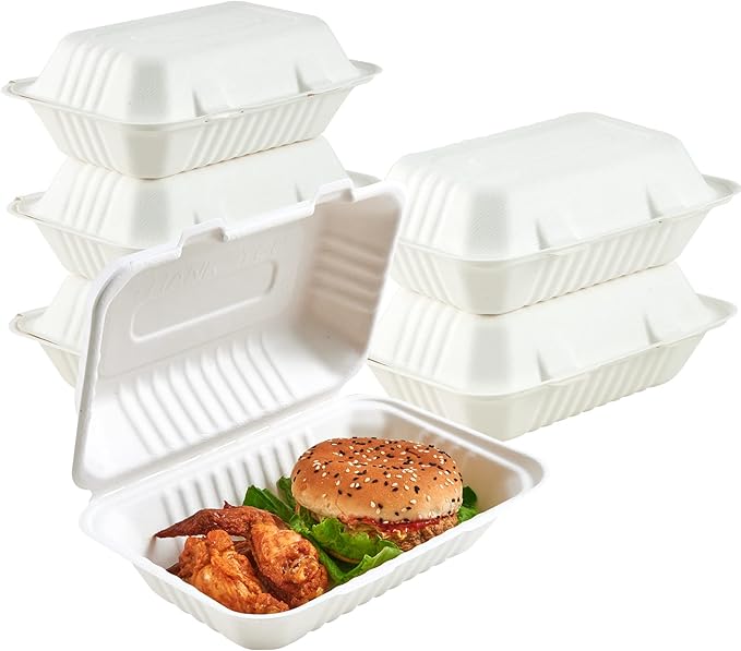 ECOLipak stack of white disposable take - out food containers, ideal for packing a burger and chicken wings.