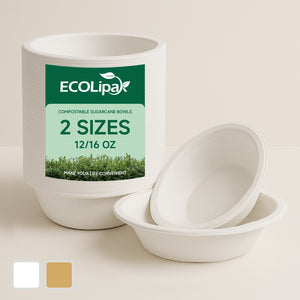 A container of compostable sugarcane bowls, labeled "ECOLipa," displaying two sizes (12/16 oz) with two white bowls in front.