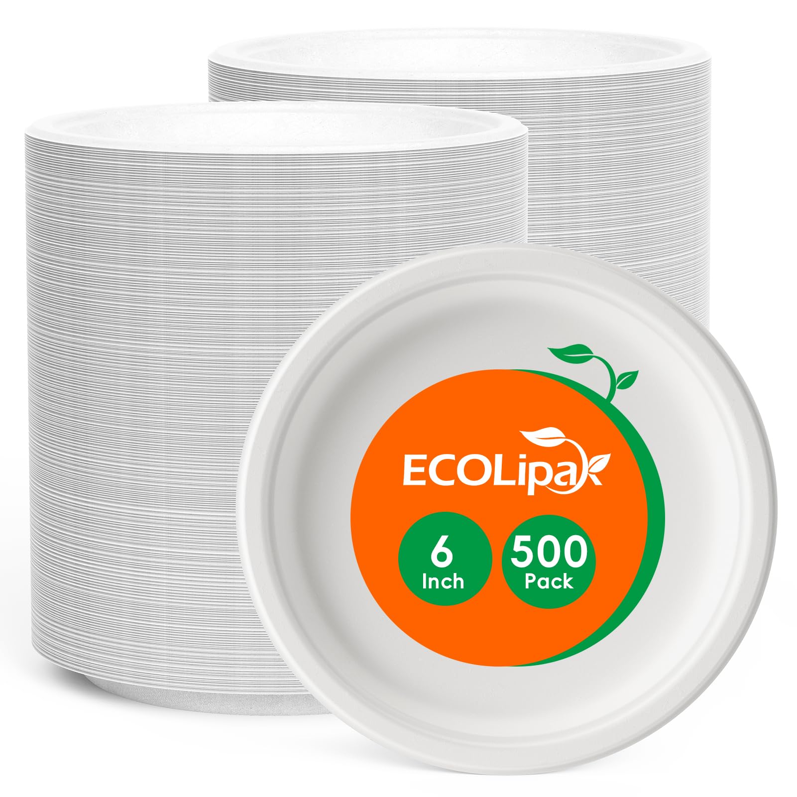 Image of a pack of EcoLipa 6-inch biodegradable plates, featuring a bright orange logo, with two stacks of plates behind.
