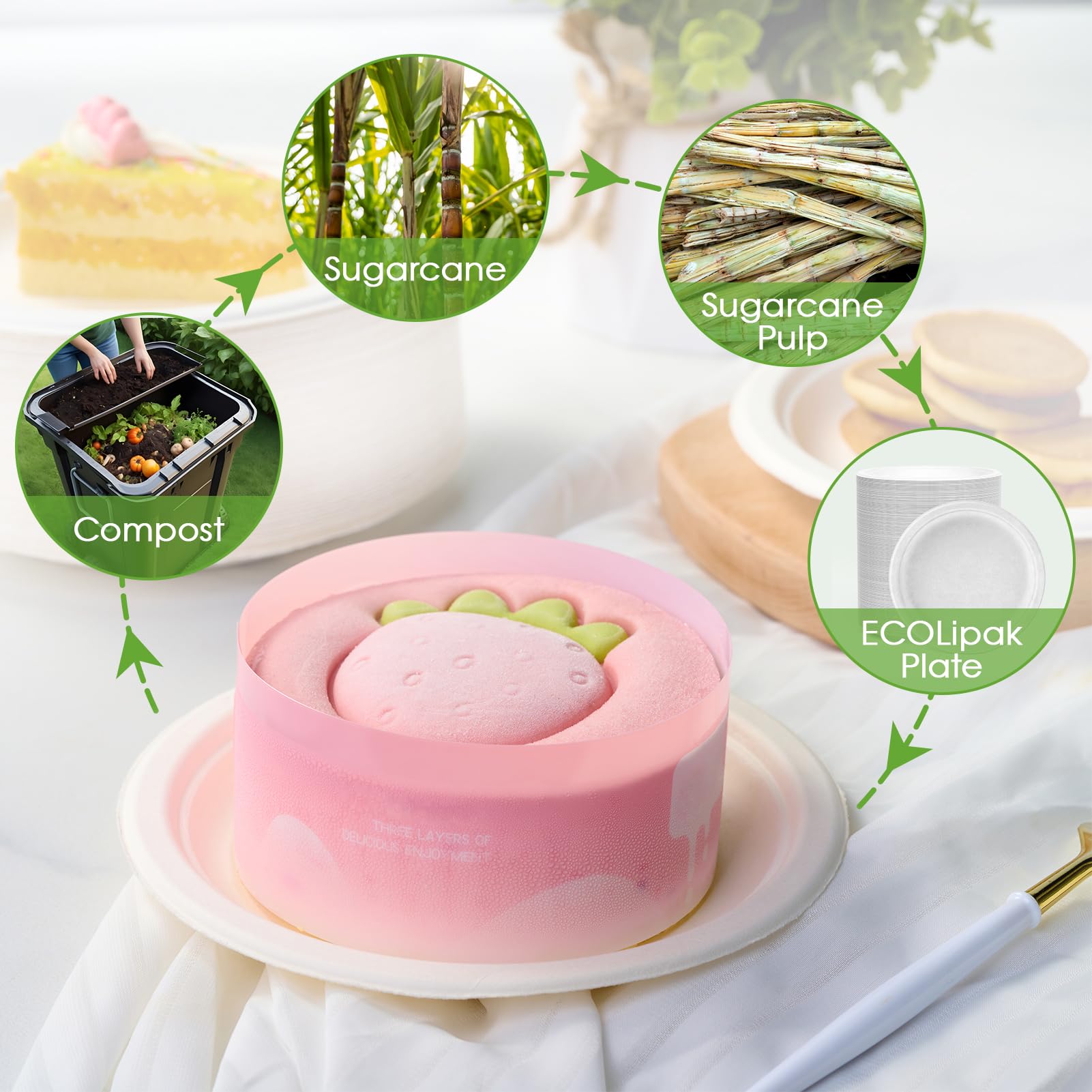 Infographic showing the sustainable process from sugarcane to compost, leading to an eco-friendly plate for a pink strawberry cake.