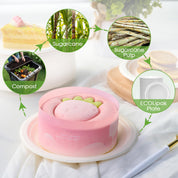 Infographic showing the sustainable process from sugarcane to compost, leading to an eco-friendly plate for a pink strawberry cake.