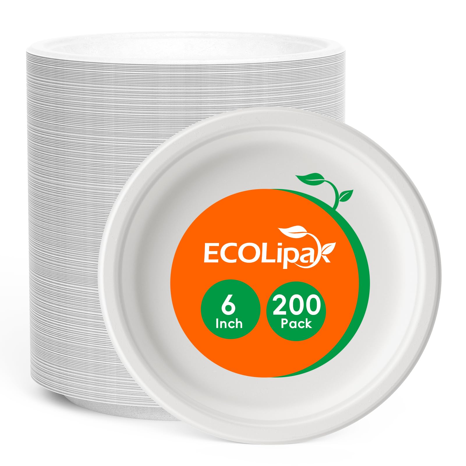 Package of 200 eco-friendly 6-inch plates by ECOLipa, featuring a bright orange label with green leaf design.