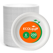Package of 200 eco-friendly 6-inch plates by ECOLipa, featuring a bright orange label with green leaf design.