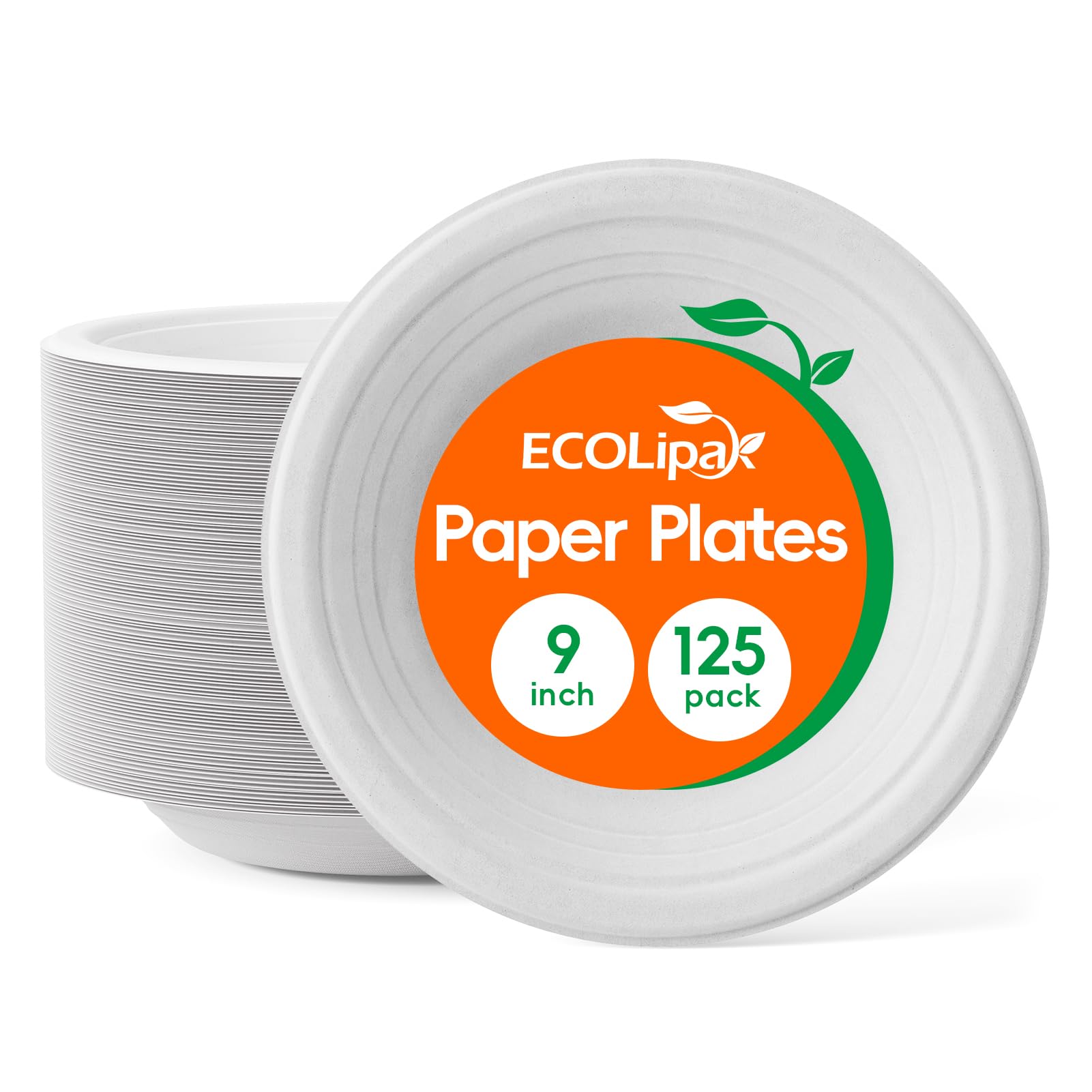 A stack of ECOLipa white paper plates, 9 inches in diameter, labeled with "125 pack" on an orange background.