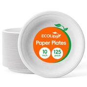 A stack of white 10-inch paper plates, labeled "ECOLipa Paper Plates," with packaging details: 125 plates per pack.