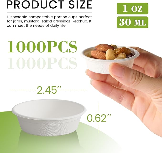 A hand holding a small, disposable compostable cup filled with nuts, with product dimensions and quantity displayed on the side.