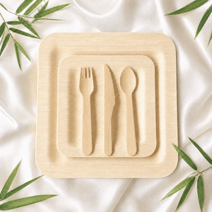 Premium Bamboo Dinner & Dessert Tableware Set for Events & Celebrations | Complimentary Mesh Bag Gift - ECO-Lipak