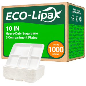 Wholesale Compostable Sugarcane 5-Compartment Plates – 10 in / 12.5 in | Bulk Cartons - ECO-Lipak