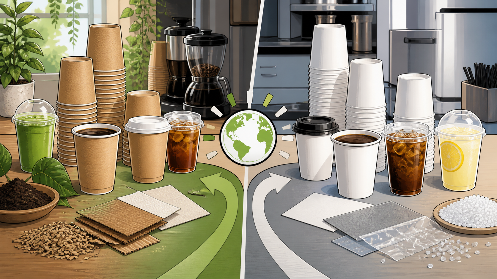 Comic style comparison of compostable paper cups and regular paper cups