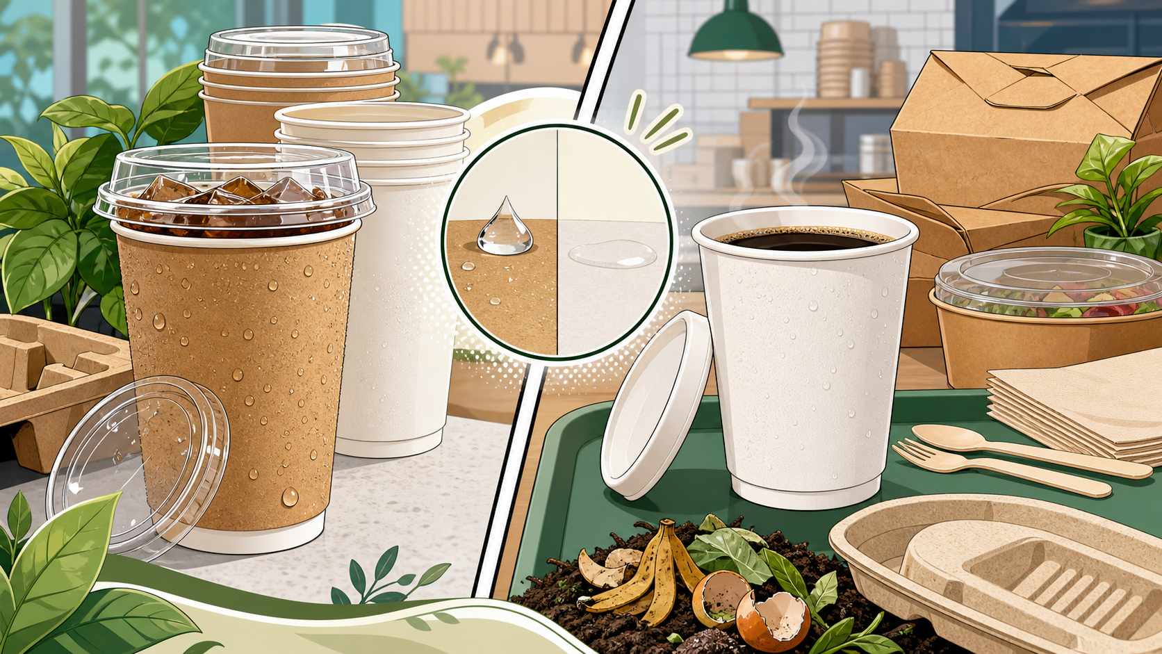 Comic style PLA-lined cups with condensation and moisture resistance comparison