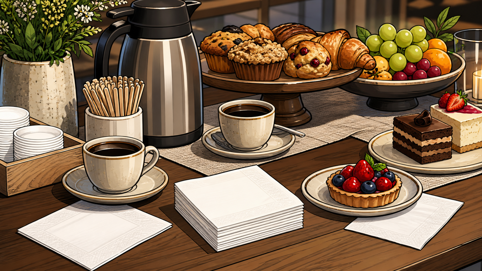 Comic style coffee and dessert table with compostable cocktail napkins