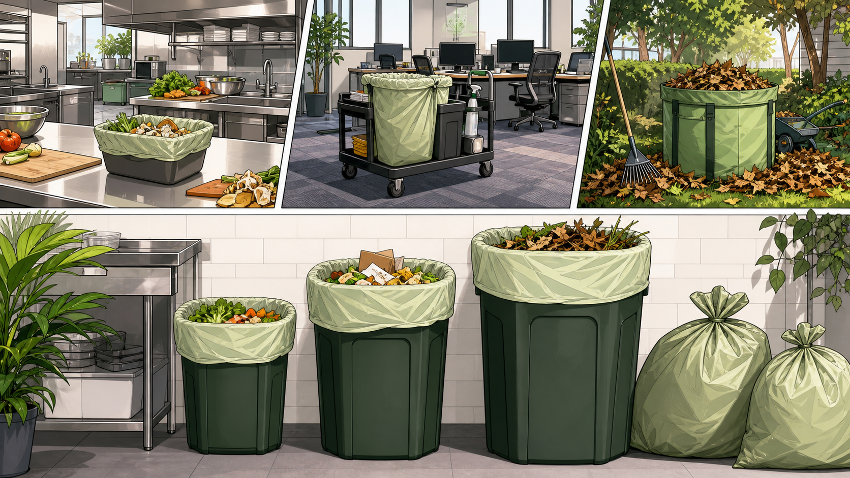 Comic style compostable trash bags arranged for kitchen office and yard cleanup