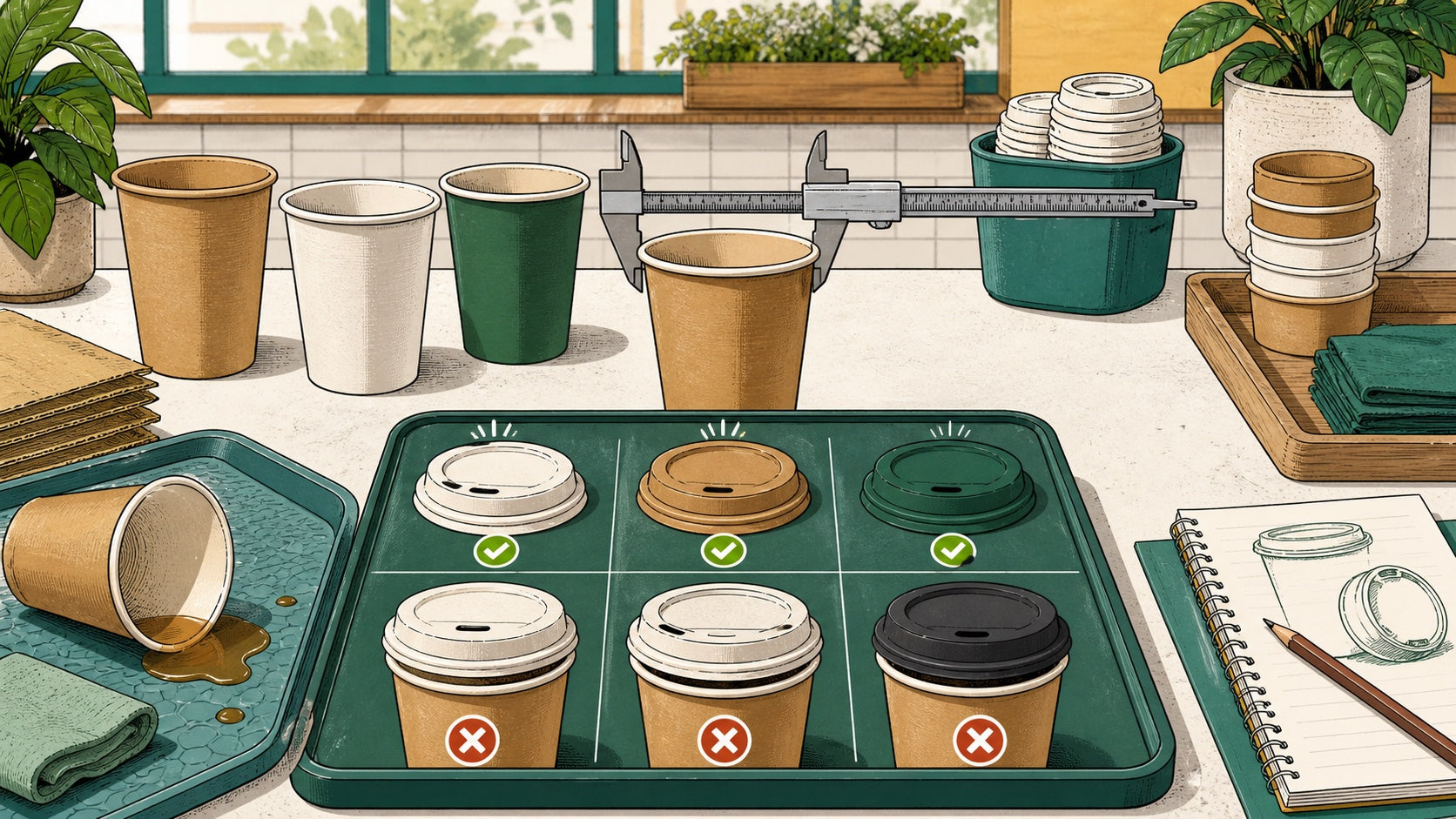 Comic-style cafe counter measuring paper cup rims and testing matching lids