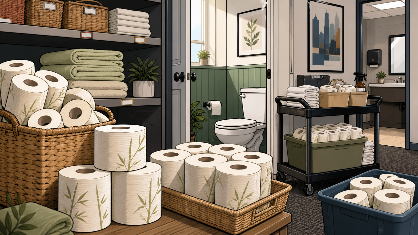 Comic style bamboo toilet paper restock for guest bathrooms offices and short-term rentals