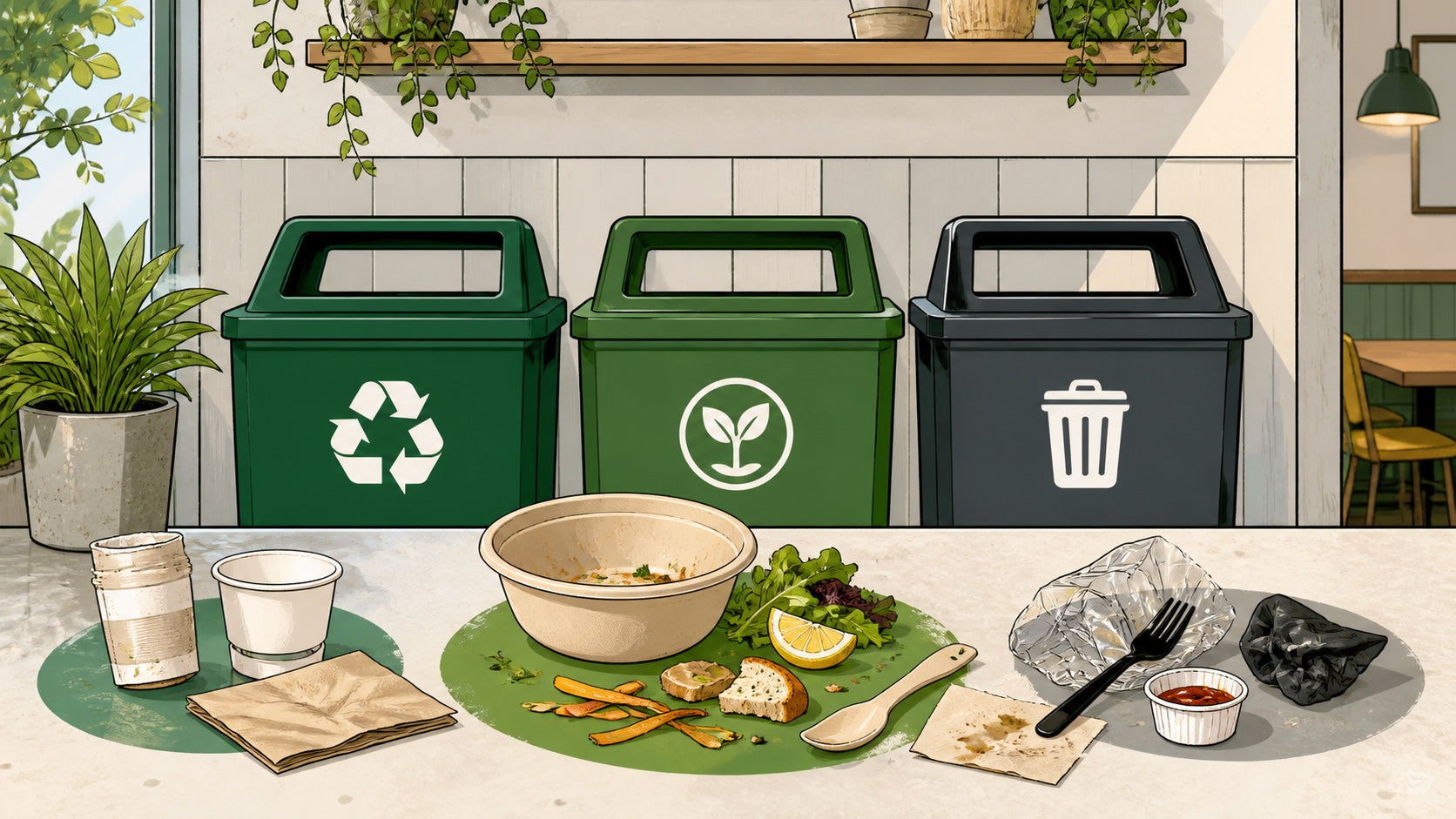 Comic-style foodservice sorting station with compost, recycling, and trash bins