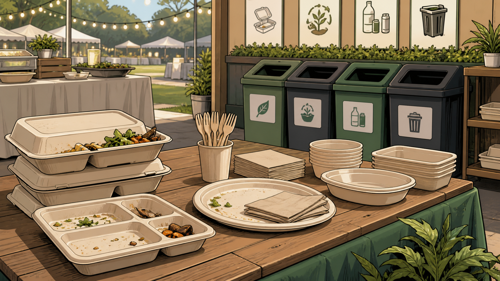 Comic style organized event cleanup station with compostable packaging
