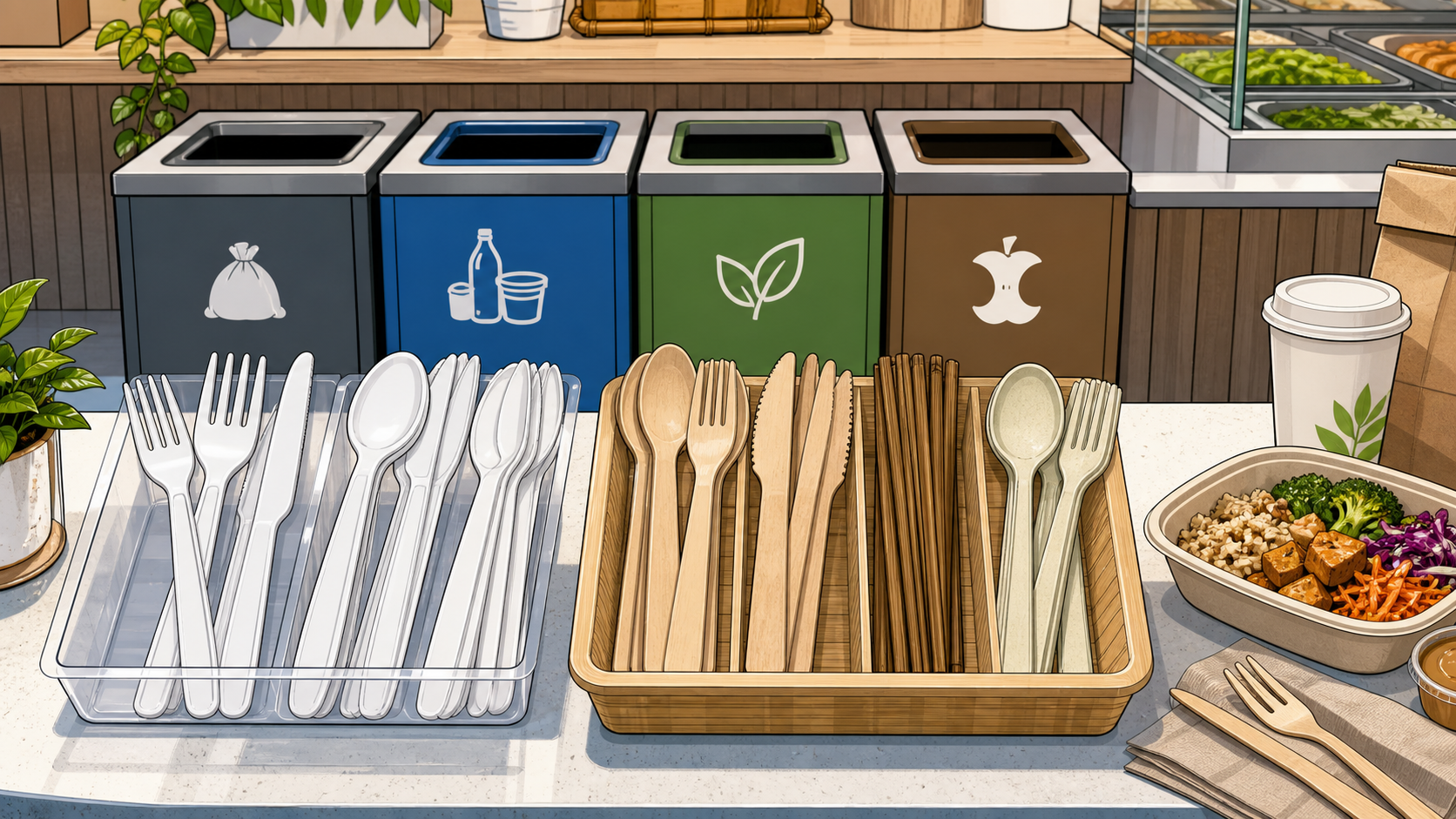Comic-style lunch counter comparing plastic cutlery with wooden bamboo and CPLA alternatives