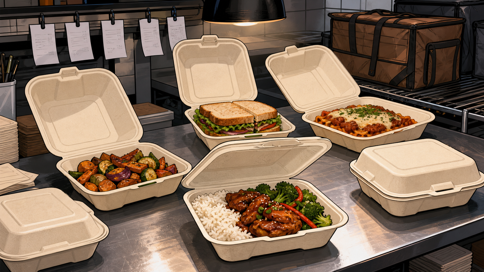 Comic style restaurant station with sugarcane clamshell to-go boxes for hot meals