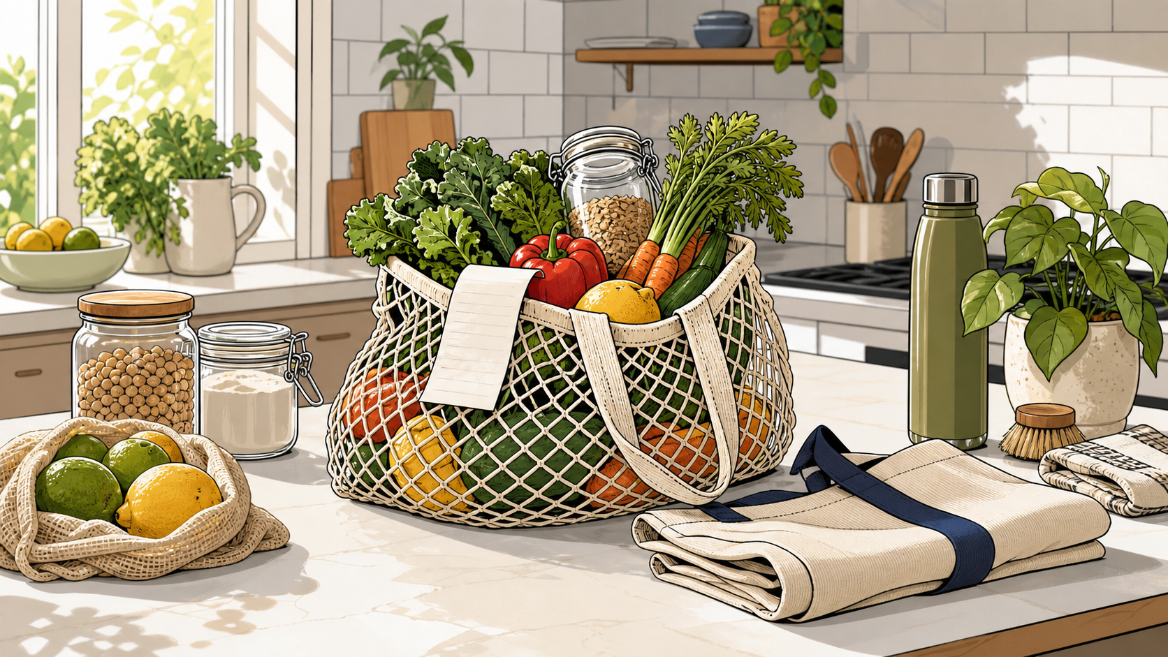 Comic-style kitchen scene with reusable cotton mesh grocery bag filled with produce