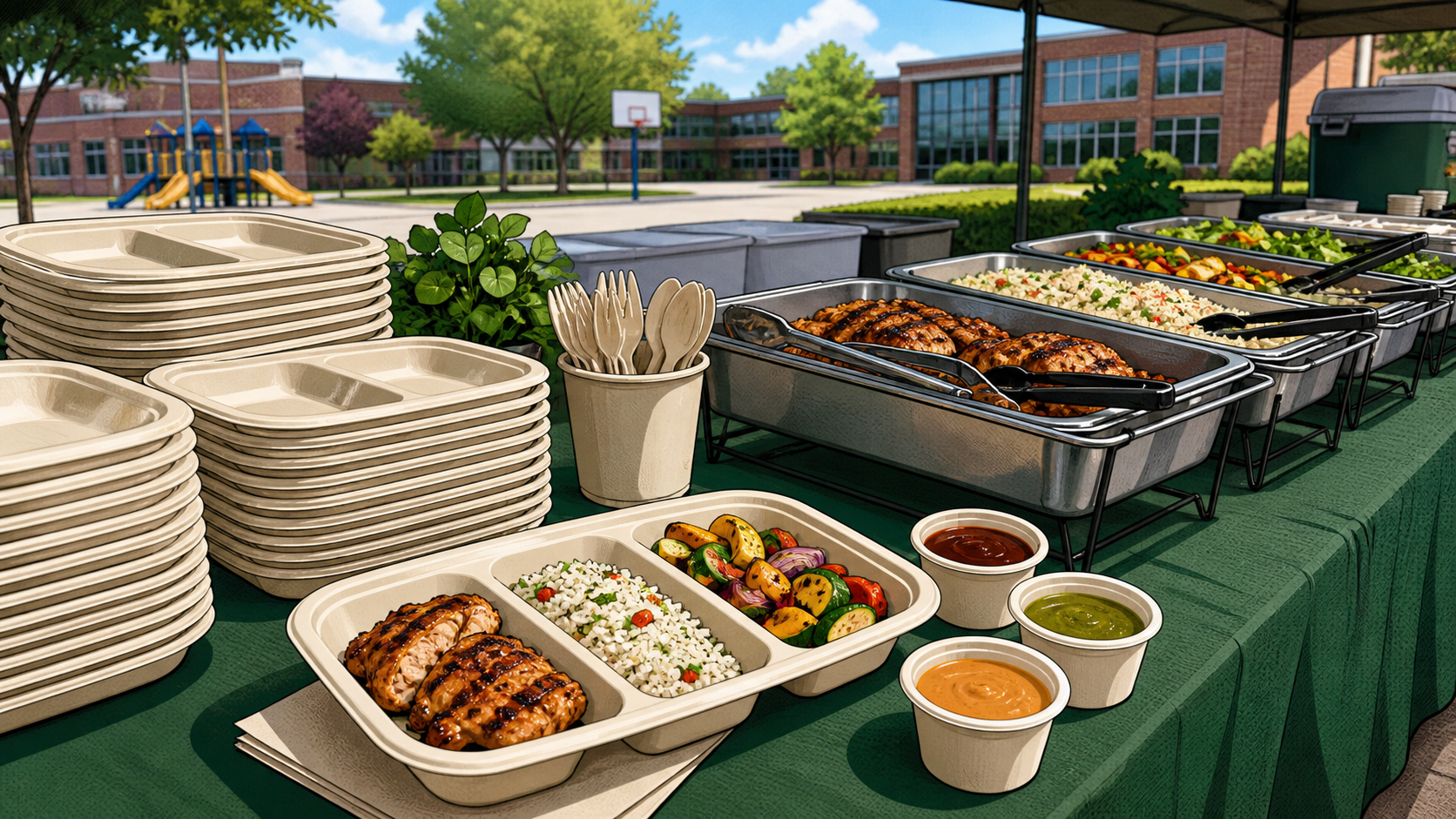 Comic style three-compartment sugarcane plates for BBQ school events and meal lines