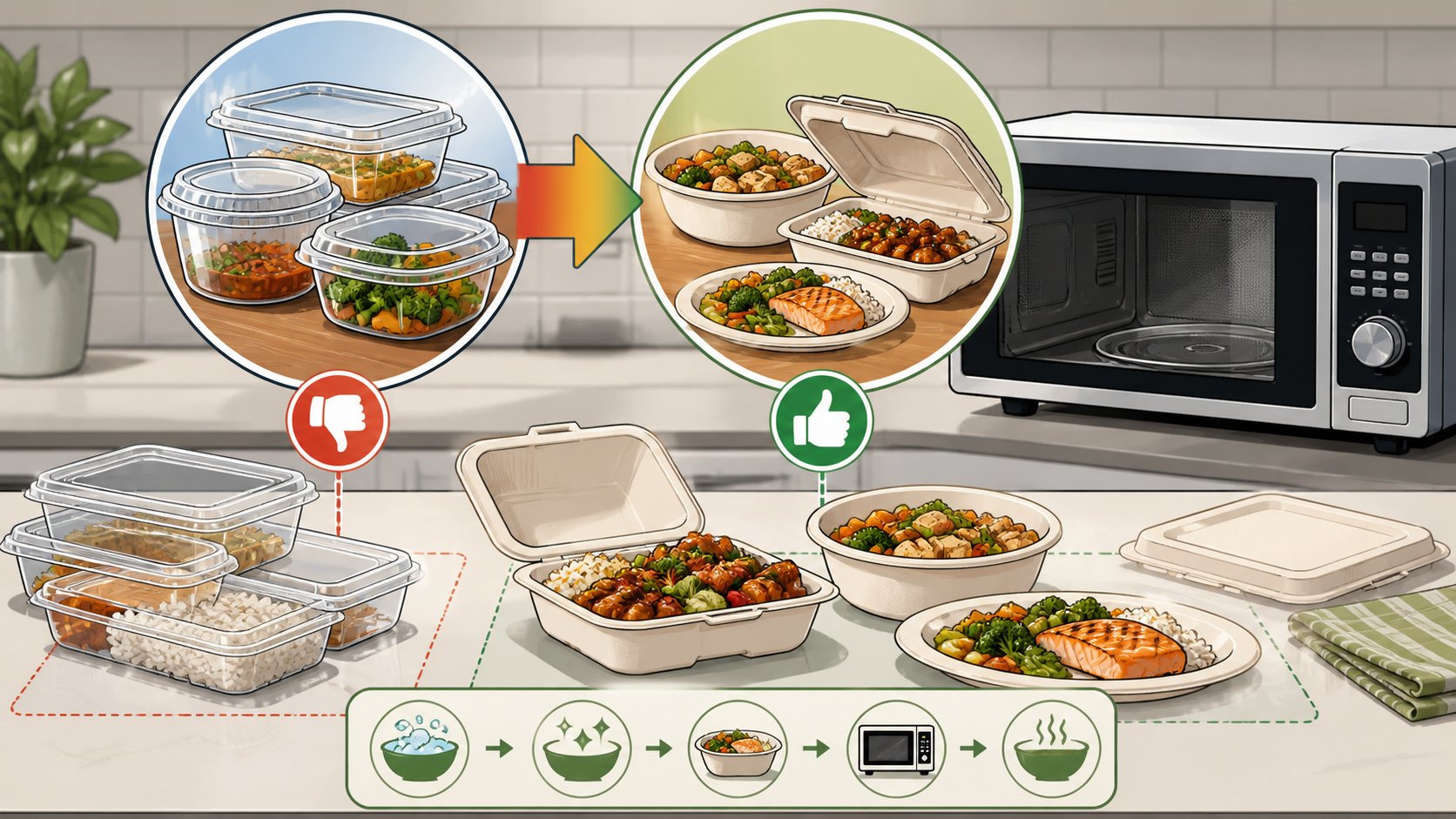 Comic style microwave plastic container safety decision guide with sugarcane takeout alternatives